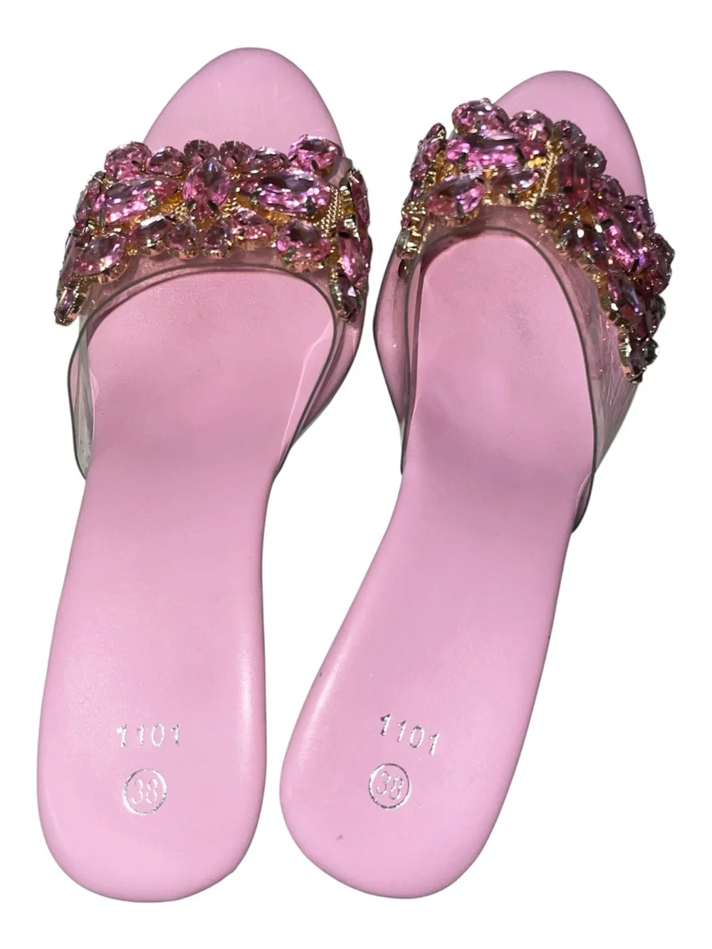 Y2K Style Pink Rhinestone Floral Clear Lucite Platform Wedges